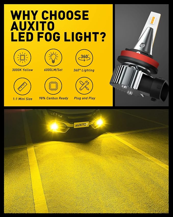 AUXITO H8 H11 H16 LED Fog Light Bulbs, 3000K Amber Yellow, Strong Penetrating Power, Long Lifespan, Plug and Play, Canbus Error Free, Halogen Replacement DRL Bulbs for Rainy Snowy Foggy, 2 Pack