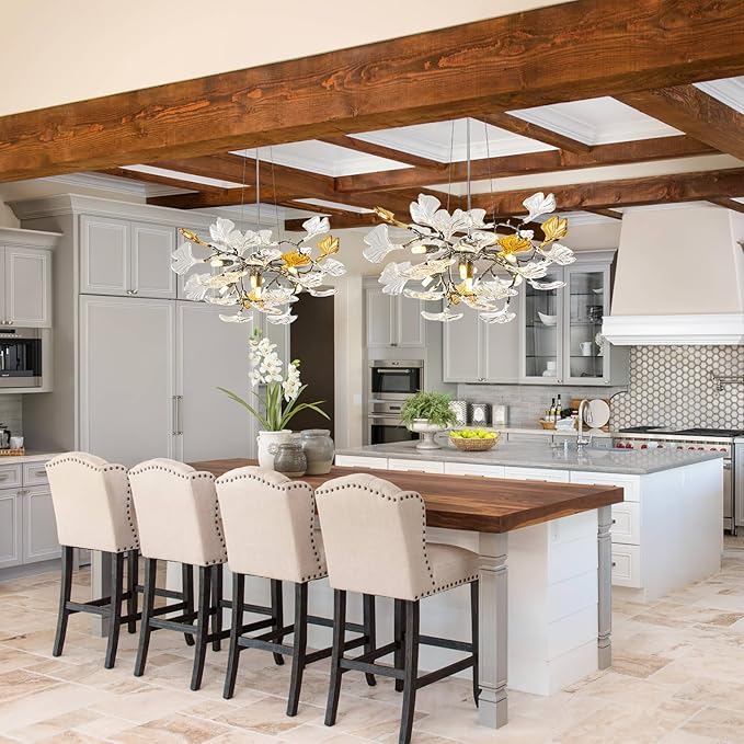 AioTio Black Modern Chandeliers for Dining Room, D21.6'' Round Tree Branch Glass Ginkgo Leaf Farmhouse Chandelier,Silver Art Deco Ceiling Hanging Chandelier for Living Room,Entryway,Foyer,Kitchen