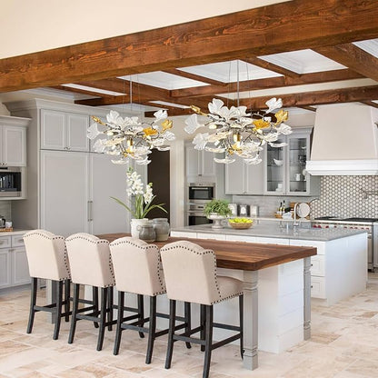 AioTio Black Modern Chandeliers for Dining Room, D21.6'' Round Tree Branch Glass Ginkgo Leaf Farmhouse Chandelier,Silver Art Deco Ceiling Hanging Chandelier for Living Room,Entryway,Foyer,Kitchen
