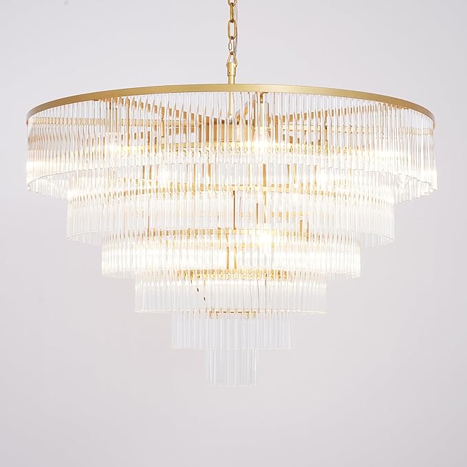 Modern Multi-Tier Crystal Chandelier 6-Tier Round Gold Finish Ceiling Light -Cylindrical Glass Rods -Dining Room Living Room Bedroom Entryway -Luxury Lighting Fixture 35.5''