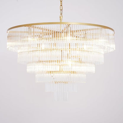 Modern Multi-Tier Crystal Chandelier 6-Tier Round Gold Finish Ceiling Light -Cylindrical Glass Rods -Dining Room Living Room Bedroom Entryway -Luxury Lighting Fixture 35.5''