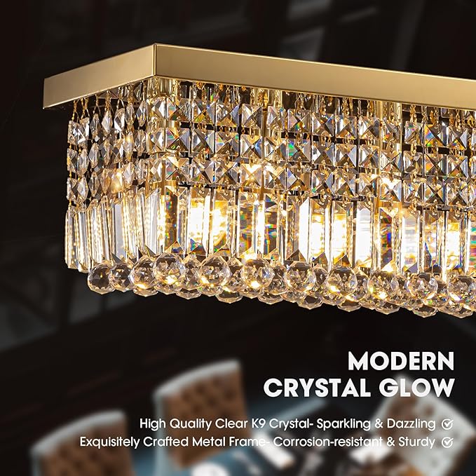 Modern Crystal Chandeliers for Dining Room Light Fixture, 8-Light Gold Rectangle Chandelier Ceiling Light for Kitchen Island Living Room, L39.4 Inch