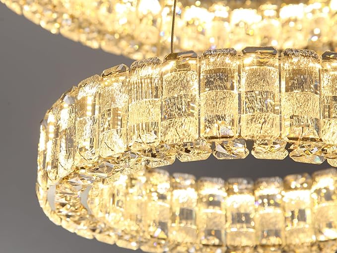 Rings LED Chandelier Modern Crystal Chandeliers Dimmable Pendant Light Fixture with Remote for Dining Room Living Room Gold