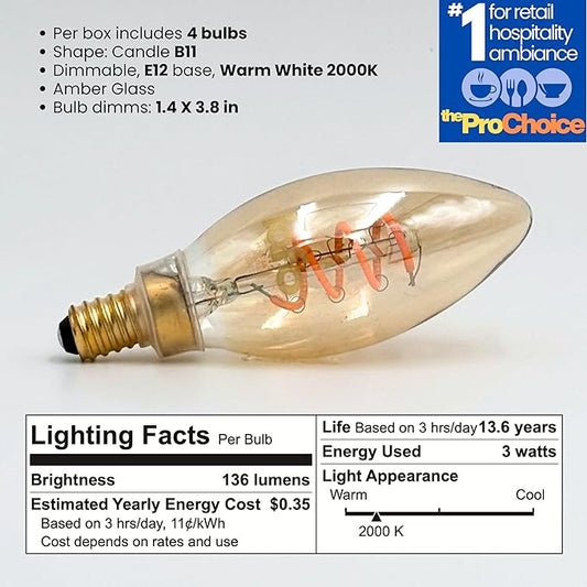 TimelessGlow 8 Pack Dimmable B11 LED Candelabra Bulb 3W 25W Equivalent Warm Amber 2000K E12 Base CRI80 Amber Glass Spiral Filament ETL FCC Certified Flicker Free Decorative Lighting