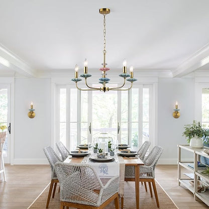 Gold Chandeliers for Dining Room Light Fixture Over Table,5-Light Art Deco Chandelier, Modern Retro Candle Chandelier with Ceramic,Farmhouse Chandelier for Girls Bedroom，Living Room, Foyer