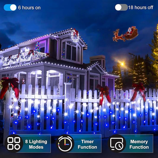 612 LED 60FT Christmas Lights with 136 Drops, 12 Modes Dimmable CoolWhite & Blue Outdoor Hanging Lights with Timer Memory, Waterproof Curtain Lights for Bedroom Yard Indoor Window Roof Fence Wedding