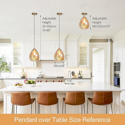 Gold Pendant Lighting with Amber Hammered Glass Shade, 1-Light Art Deco Hanging Lamp for Kitchen Island, Dining Room, Bedroom (Amber Glass Shade)