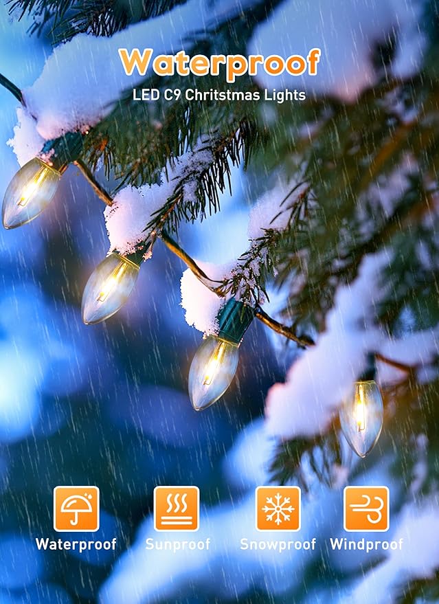 Vintage C9 LED Christmas Lights Outdoor, 100 Feet C9 String Lights with 50 Shatterproof C9 Bulbs, Waterproof Connectable Christmas Tree Lights for Outside Roofline Patio Xmas Decorations, Warm White