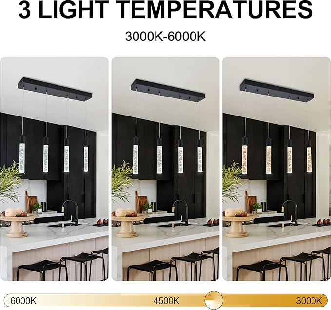 4 Light Pendant Lights Kitchen Island, Modern Matte Black Crystal Pendants with Dimmable 3000K-6000K LED Ceiling Hanging Light Fixture for Dining Room Bedroom, Adjustable Height 59"