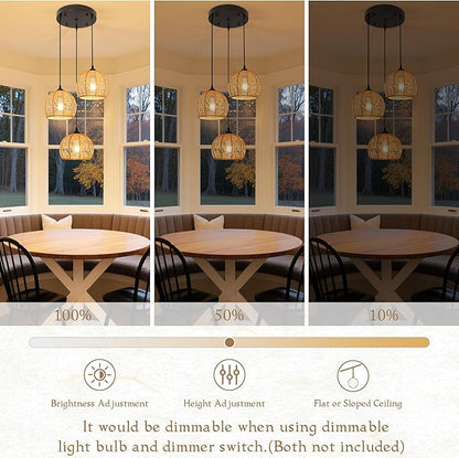 3-Light Mini Hemp Rope Woven Pendant Light Kitchen Island,3 Dome Hand Woven Boho Rattan Chandelier Farmhouse Wicker Ceiling Light,rustic Light Fixture For Living Room Hallway Dining Room(Bulb Incl.