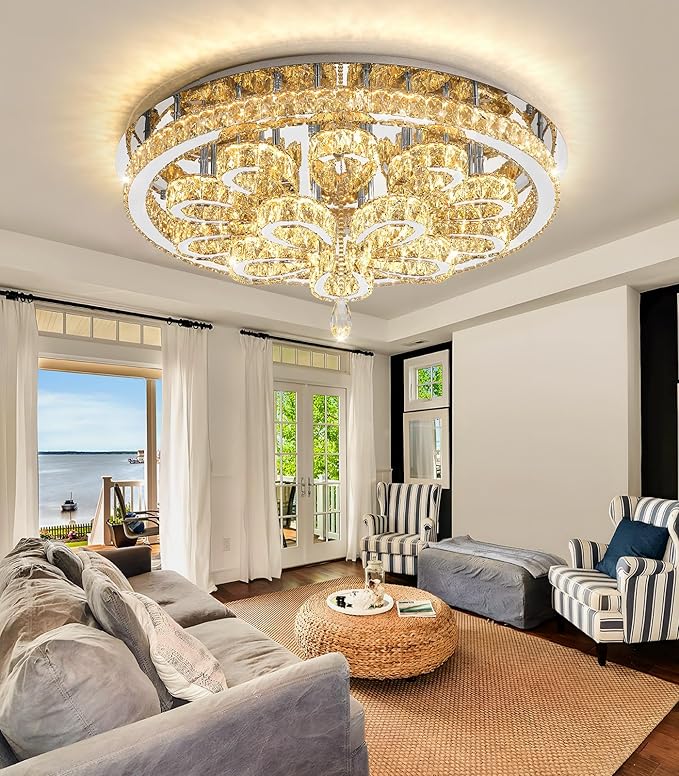 Modern Chandeliers for Living Room Crystal Chandelier Ceiling Light Fixture LED Dimmable with Remote Pendant Lighting Flush Mount Lighting for Dining Room Bedroom Silver
