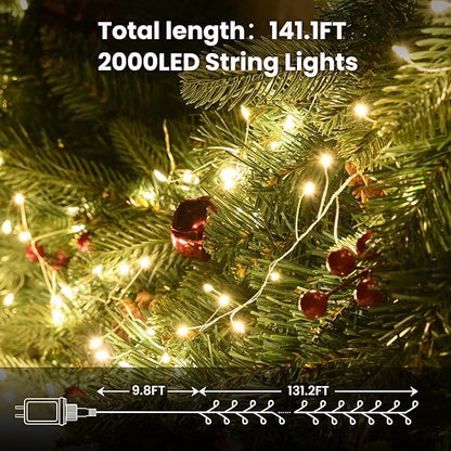Fairy Lights Plug in, Dailyart 2000 Led Twinkle String Light with Remote 130Ft Waterproof 8 Modes Warm Cluster Lights with Timer for Bedroom Wreath Window Wedding Christmas Tree Decoration,Sliver Wire