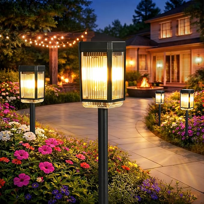 Solar Pathway Lights, 4 Pack Solar Powered Garden Lights Waterproof IP65, 10-40 LM Auto On/Off Outdoor Light for Lawn Patio Walkway Driveway Decor Landscape Lighting (Warm White)