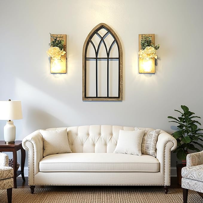 Wall Hangings for Living Room, Rustic Home Decor, Farmhouse Bedroom Decor, Wall Decor Living Room with Led Fairy Lights & Rose Flowers, Wall Art Set of 2, XL Jacobean