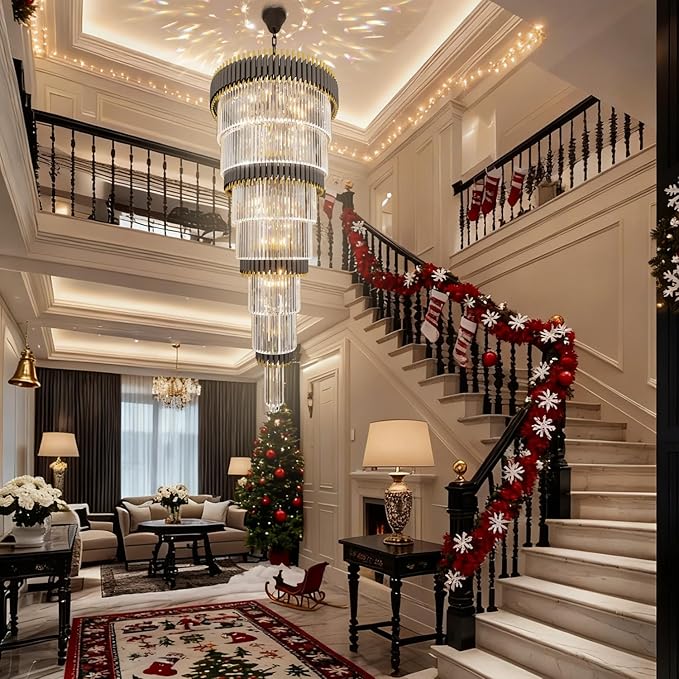 Large 7-Tier Black and Gold Chandelier 94.5" H x 32" W Modern Luxury Long Crystal Chandelier Lighting Fixture for High Ceiling Staircase Foyer Entryway Living Room Villa Hall