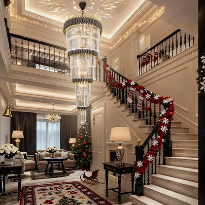 Large 7-Tier Black and Gold Chandelier 94.5" H x 32" W Modern Luxury Long Crystal Chandelier Lighting Fixture for High Ceiling Staircase Foyer Entryway Living Room Villa Hall