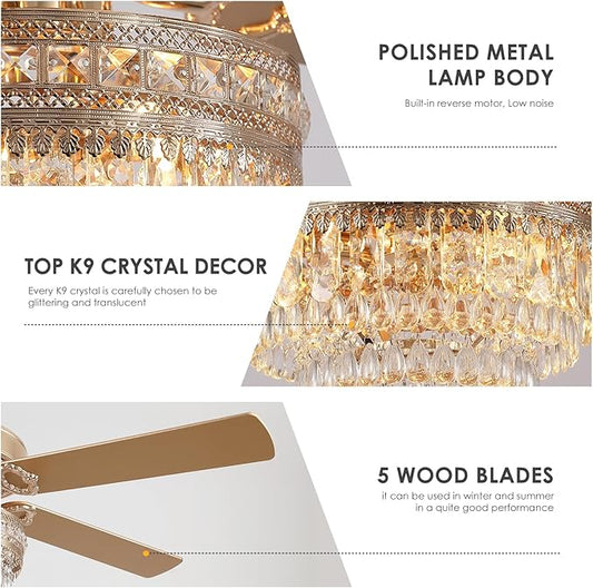 Asyko 62" Golden Crystal Ceiling Fan Fandelier with Lights - Modern Chandelier Fans with Remote Control，Noiseless DC Motor, Retro/Farmhouse Lighting, Dining Room,Living Room