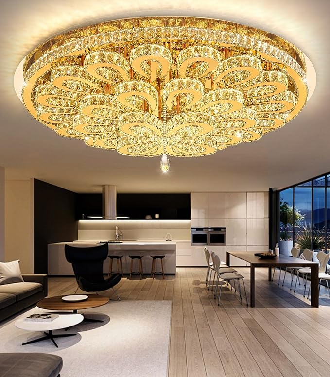 47'' Modern Crystal Chandeliers for Living Room Large Chandelier Ceiling Light Fixture LED Dimmable with Remote Flush Mount Lighting for Dining Room Bedroom Gold