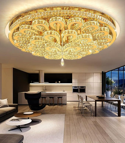 47'' Modern Crystal Chandeliers for Living Room Large Chandelier Ceiling Light Fixture LED Dimmable with Remote Flush Mount Lighting for Dining Room Bedroom Gold