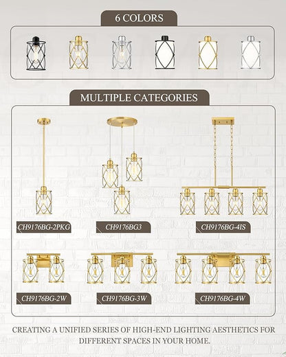 Brushed Gold Pendant Lights Kitchen Island 3 Pack, Glass Kitchen Pendant Lighting Over Island with Rod, Modern Mini Hanging Light for Kitchen Sink Dining Room, CH9176BG-3PK