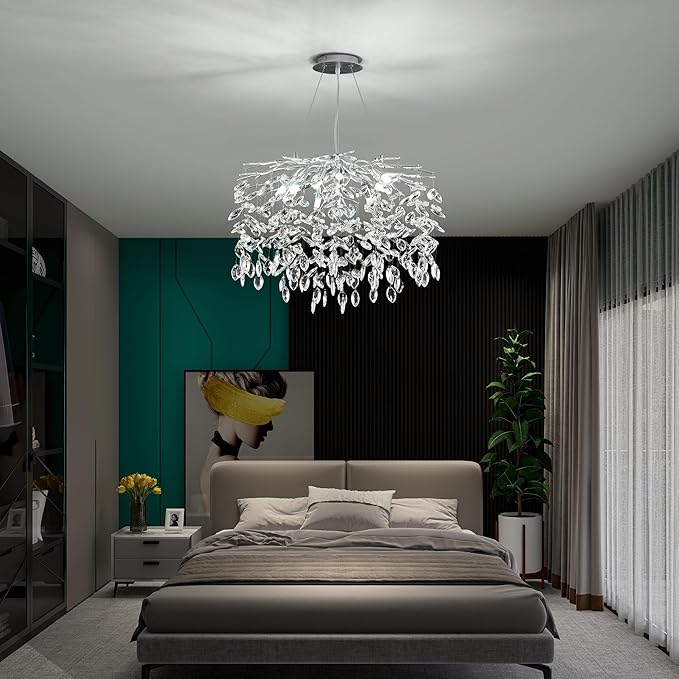 Modern Silver Crystal Tree Branch Chandelier, Art Deco Raindrop Lighting Fixture for Dining Room Living Room 9 Lights D23.7''