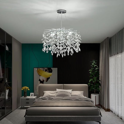 Modern Silver Crystal Tree Branch Chandelier, Art Deco Raindrop Lighting Fixture for Dining Room Living Room 9 Lights D23.7''