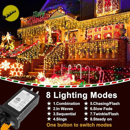 KNONEW 99ft 1216 LED Christmas Lights Outdoor Decorations with 228 Drops, 8 Modes Curtain Fairy String Light, Clear Wire LED String Light Indoor Decor for Wedding Party Christmas