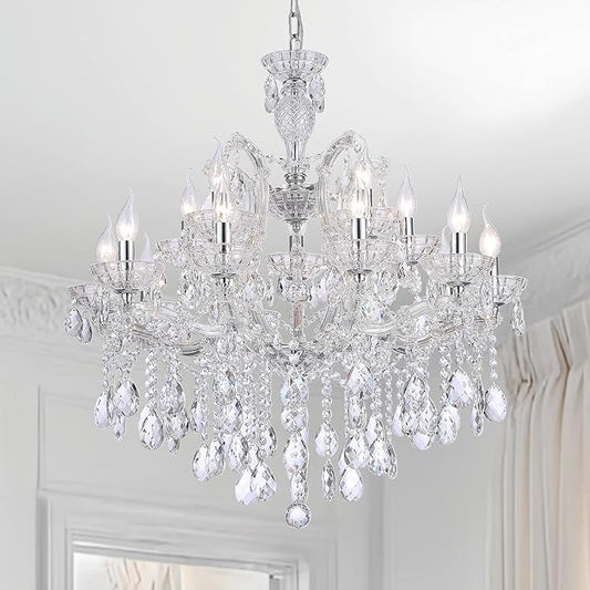 Modern Large Crystal Chandelier, Maria Theresa Crystal Chandelier 15 Lights 2 Layers Luxury Chrome Chandelier Lighting Fixture for Dining Room, Living Room, High Ceiling, Foyer, Staircase