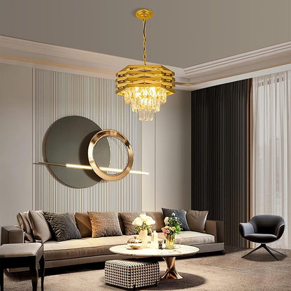 15.75" Gold Crystal Chandelier 5-Light Modern Crystal Pendant Light 3-Tier Luxury K9 Hanging Dining Room Lighting Fixtures for Bedroom Living Room Office Hallway Foyer Entryway Kitchen Sink