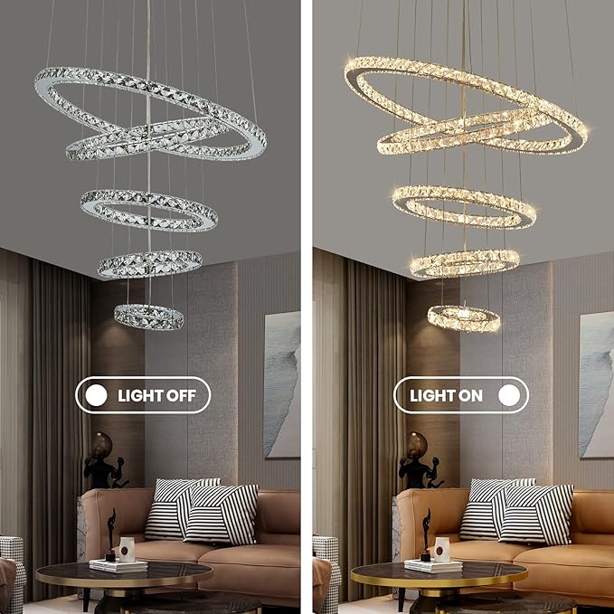Modern Crystal Chandeliers for High Ceilings, 5 Rings Modern Led Chandelier Light Fixture 3 Colors Adjustable, Gold Chandelier for Foyer Dining Room Bedroom Living Room Staircase, D8"-12"-16"-20"-24"