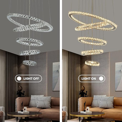 Modern Crystal Chandeliers for High Ceilings, 5 Rings Modern Led Chandelier Light Fixture 3 Colors Adjustable, Gold Chandelier for Foyer Dining Room Bedroom Living Room Staircase, D8"-12"-16"-20"-24"