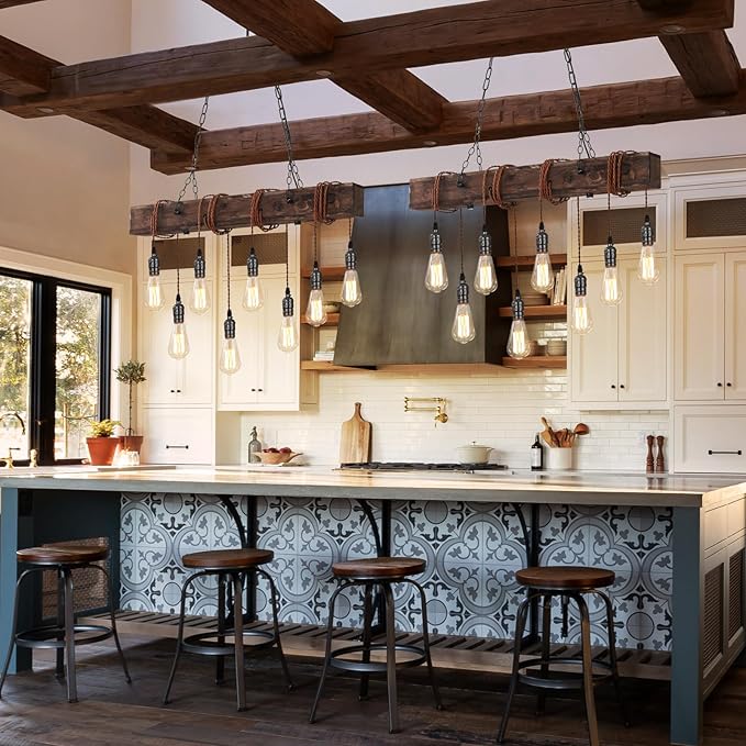 8-Lights Farmhouse Kitchen Island Pendant Light, Rustic Wood Chandeliers for Dining Room,Height Adjustable Island Light,Dining Room Bar Restaurant Cafe Pool Table.