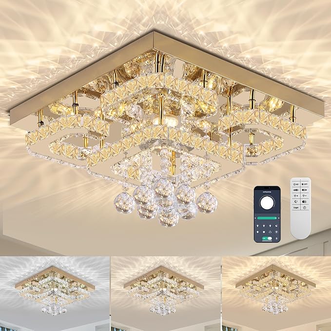 18 inch Flush Mount Chandelier Crystal Ceiling Light with Remote Control/APP, 3CCT Dimmable&Brightness Adjustable, Modern Crystal Raindrop Gold Chandeliers for Bedroom Hallway Dinning Room Living Room