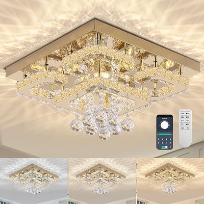 18 inch Flush Mount Chandelier Crystal Ceiling Light with Remote Control/APP, 3CCT Dimmable&Brightness Adjustable, Modern Crystal Raindrop Gold Chandeliers for Bedroom Hallway Dinning Room Living Room