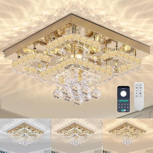 18 inch Flush Mount Chandelier Crystal Ceiling Light with Remote Control/APP, 3CCT Dimmable&Brightness Adjustable, Modern Crystal Raindrop Gold Chandeliers for Bedroom Hallway Dinning Room Living Room