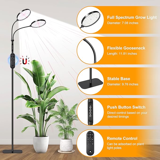 Plant Light for Indoor Plants, Red &White Light Full Spectrum Grow Lamp with Height Adjustable and Stand for Growing Large Tall Plants, Floor LED Grow Lamp with 4/8/12/18 Hour Timer &10 Dimming