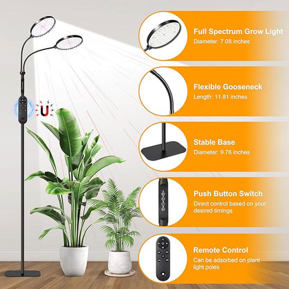 Plant Light for Indoor Plants, Red &White Light Full Spectrum Grow Lamp with Height Adjustable and Stand for Growing Large Tall Plants, Floor LED Grow Lamp with 4/8/12/18 Hour Timer &10 Dimming