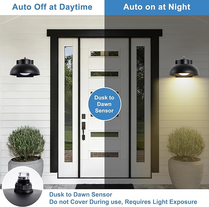 Black Exterior Light Fixtures, 2 Pack Dusk to Dawn LED Outdoor Wall Lights, 12W Integrated 3000K Farmhouse Barn Sconce, Waterproof LED Porch Lights Outdoor for Front Door, Garage, Entryway