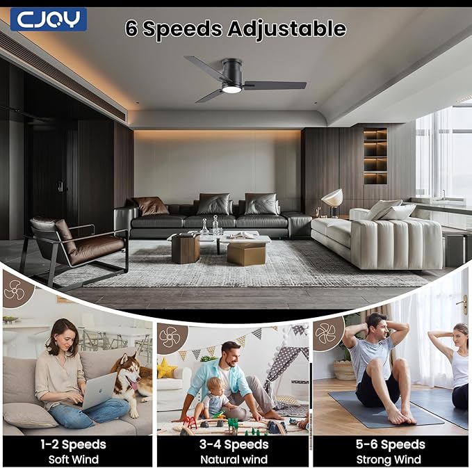CJOY Ceiling Fan with Lights, 52 Inch Low Profile Ceiling Fans with Light and Remote, Reversible DC, Flush Mount, 3CCT，Dimmable, Modern Indoor/Outdoor Design for Bedroom, Living Room, Patio, Kitchen