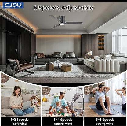 CJOY Ceiling Fan with Lights, 48 Inch Low Profile Ceiling Fans with Light and Remote, Reversible DC, Flush Mount, 3CCT，Dimmable, Modern Indoor/Outdoor Design for Bedroom, Living Room, Patio, Kitchen