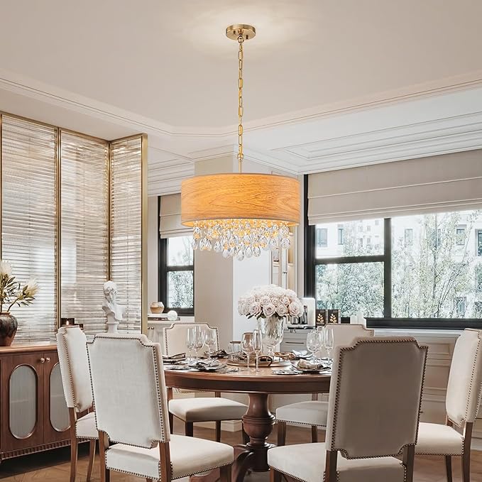 LumFurn D18inch Drum Wood K9 Crystal Chandeliers, 4-Light Boho Style Pendant Light Fixture for Dining Room, Living Room, D18 x 21~68"(Adjustable), Solid Wood Lampshade & Gold Finish