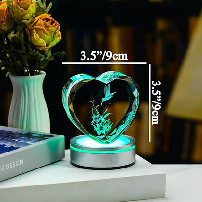 Qianwei Hummingbird Gifts for Women 3D Crystal Heart - Laser Hummingbird Decor Glass Animals Humming Bird Gifts Figurines Statue Stuff for Room Decorations Bird Night Light