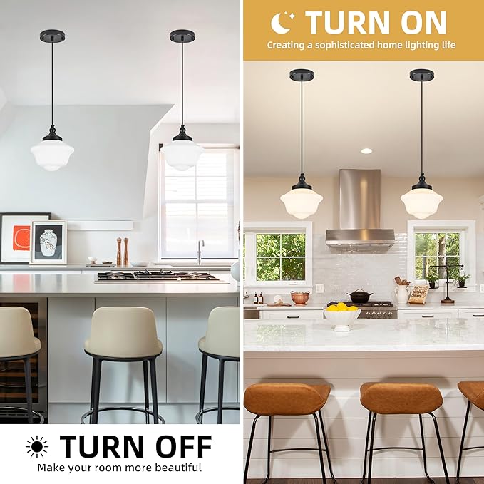 Bagood 2 Pack 8" Black Milk Glass Pendant Light Schoolhouse Light Fixture Schoolhouse Pendant Light Milk Glass Light Fixture Mid Century Modern Light Fixture for Kitchen Island Bathroom (Bulb Incl.)