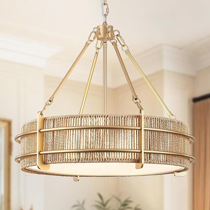 21.5'' Boho Rattan Chandelier Light Fixture, 5-Light Hand Woven Rattan Chandeliers with Fabric Shade, Rustic Gold Pendant Light for Kitchen, Bedroom, Dining Room, Living Room, Foyer
