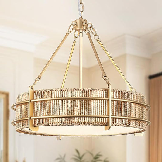 21.5'' Boho Rattan Chandelier Light Fixture, 5-Light Hand Woven Rattan Chandeliers with Fabric Shade, Rustic Gold Pendant Light for Kitchen, Bedroom, Dining Room, Living Room, Foyer