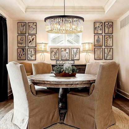 Wellmet Modern Crystal Chandelier for Dining Room, 6 Lights Black Farmhouse Crystal Pendant Light, Vintage Ceiling Lighting Fixture for Kitchen Island, Living Room, Bedroom, Hallway, Foyer, W-21.65”