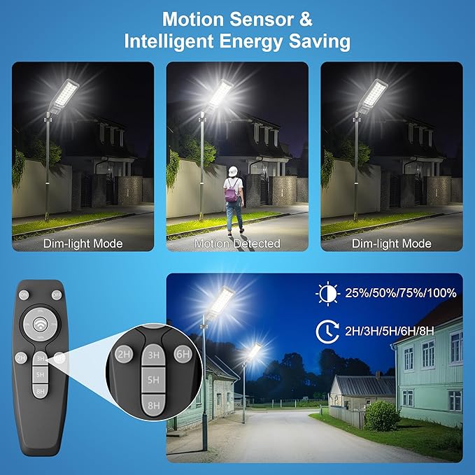 9500W Solar Street Light Outdoor Waterproof, 250000LM Large Commercial Light Solar Powered Dusk to Dawn LED Security Flood Lights with Remote/Motion Sensor, IP67 for Parking Lot/Garden/Yard