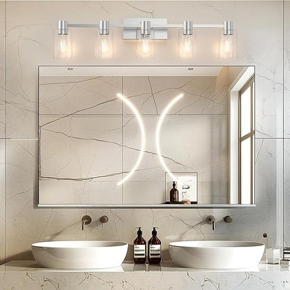 5-Light Modern Vanity Light Fixtures Over Mirror, Brushed Nickel Bathroom Light Fixtures, Vanity Lights, Wall Sconce with Clear Glass Shade for Bathroom, E26 Base
