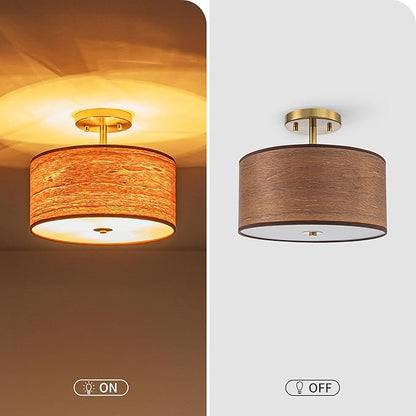 3-Light Solid Wood Drum Ceiling Lights, Farmhouse Style Semi-Flushmount Light Fixture for Dining Room, Living Room, Bedroom, D12 * H10 inch, Solid Wood Lampshade & Gold Finish