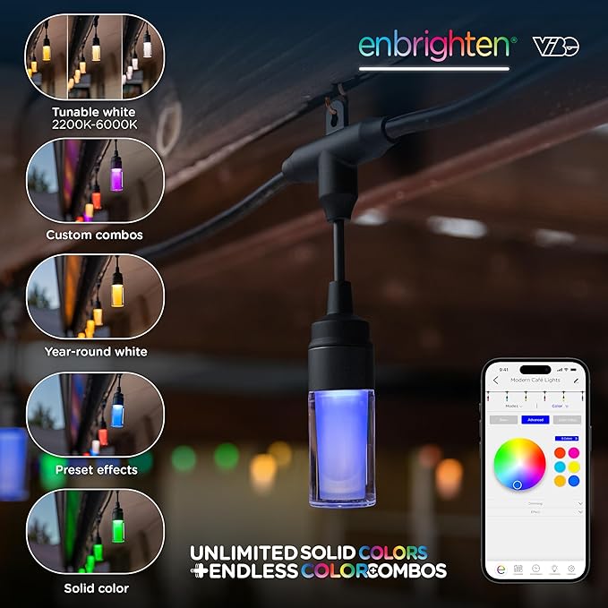Enbrighten Vibe Modern Outdoor String Lights, 24ft, 12 RGBWIC Acrylic Bulbs, Weatherproof, Perfect for Gameday, Holidays, and More, Smart App Control, Compatible with Alexa, Google Home, 84014